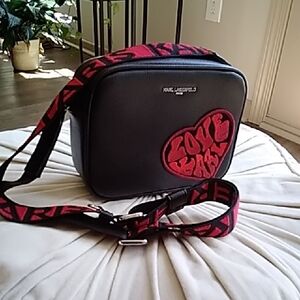 Karl Lagerfeld Black Crossbody with Red 'Love' Patch and Strap ❤